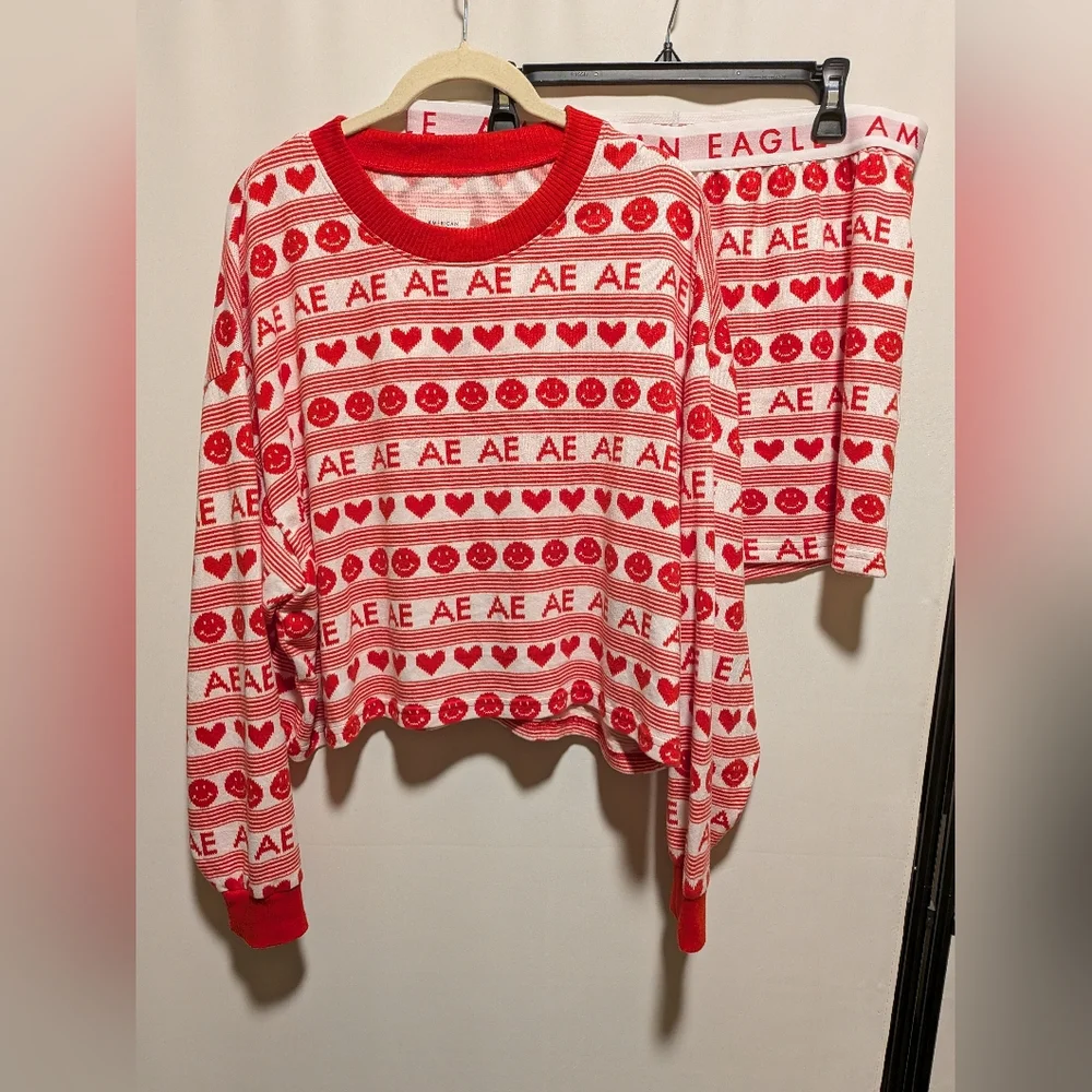 NEW American Eagle Heart Smiley Long Sleeve & Shorts Lounge Pajama Set Size XL